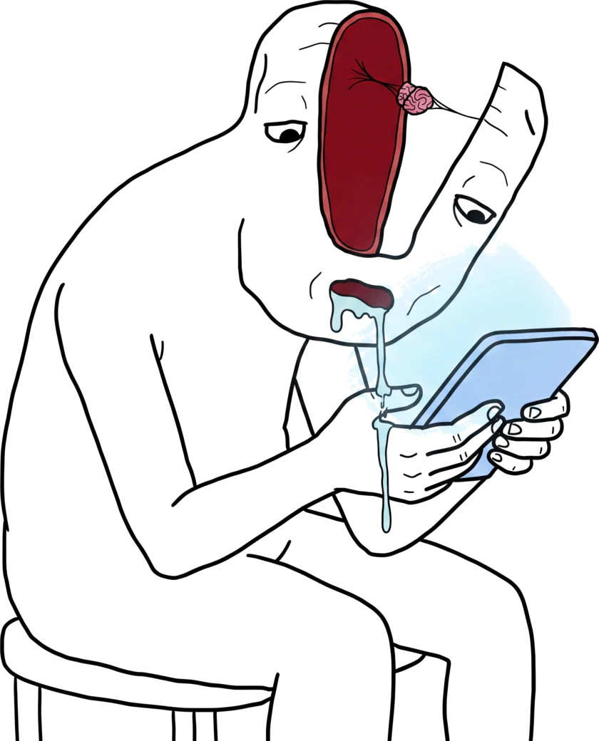The same figure hunched over a glowing phone, drooling onto the screen.
