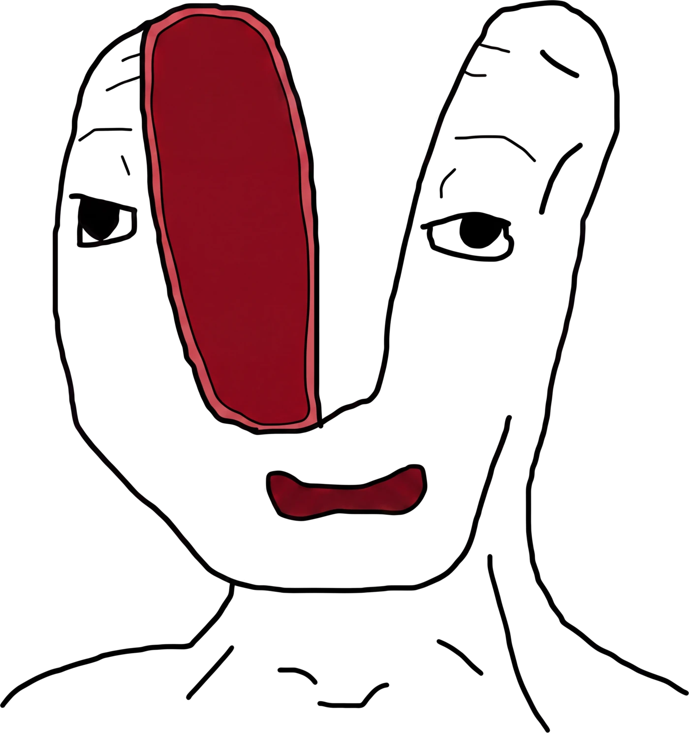 A wojak head sliced open at the crown, showing one shrivelled brain on a stalk, eyes half shut, drooling.