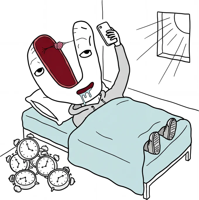 Daylight and alarm clocks surround a brainlet still in bed with his phone.