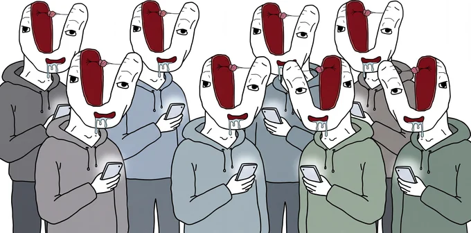 A crowd of identical figures, every one of them on a phone.