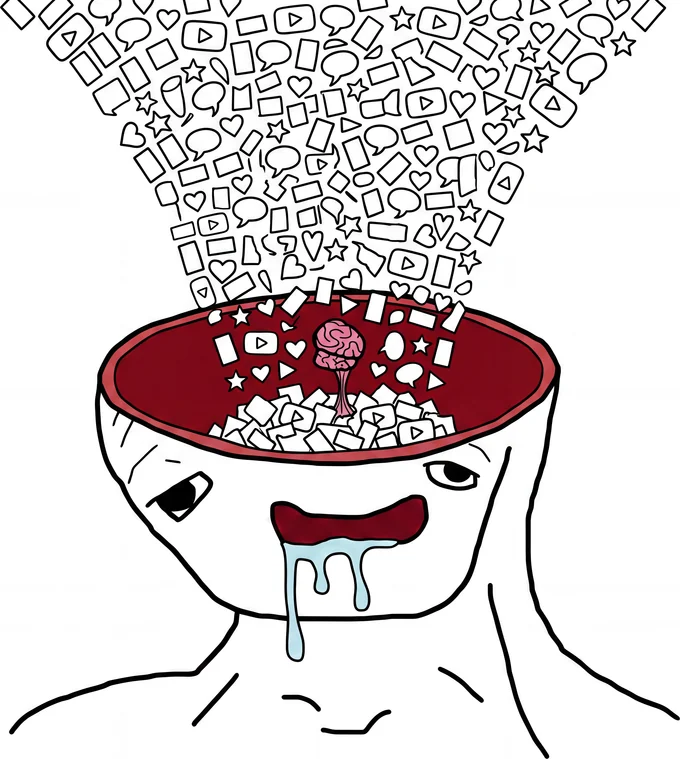 Content pouring out of the sky into an open skull, burying the brain.