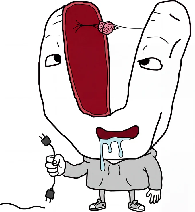 A brainlet holds an unplugged cable beneath his tiny suspended brain.