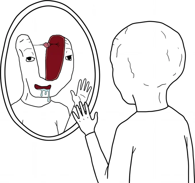 Reaching slowly toward his own reflection.