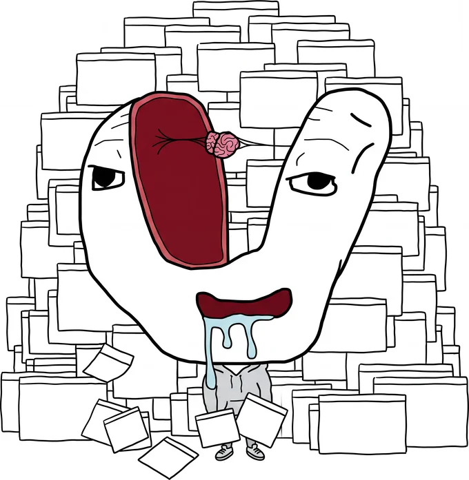 A brainlet buried under a tower of blank browser tabs.